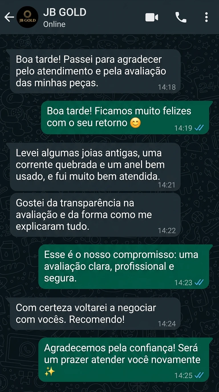 Simulação de conversa sobre joias antigas e uma corrente quebrada. Exemplo fictício, não é depoimento de cliente real.