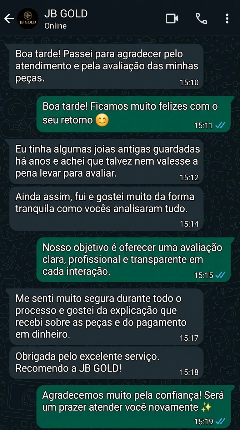 Simulação de conversa sobre peças guardadas e avaliação explicada. Exemplo fictício, não é depoimento de cliente real.