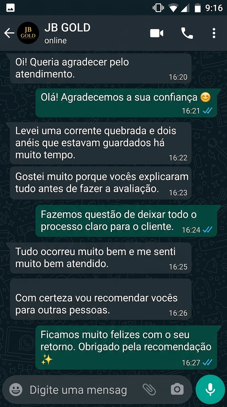 Simulação de conversa sobre corrente rompida e dois anéis sem uso. Exemplo fictício, não é depoimento de cliente real.