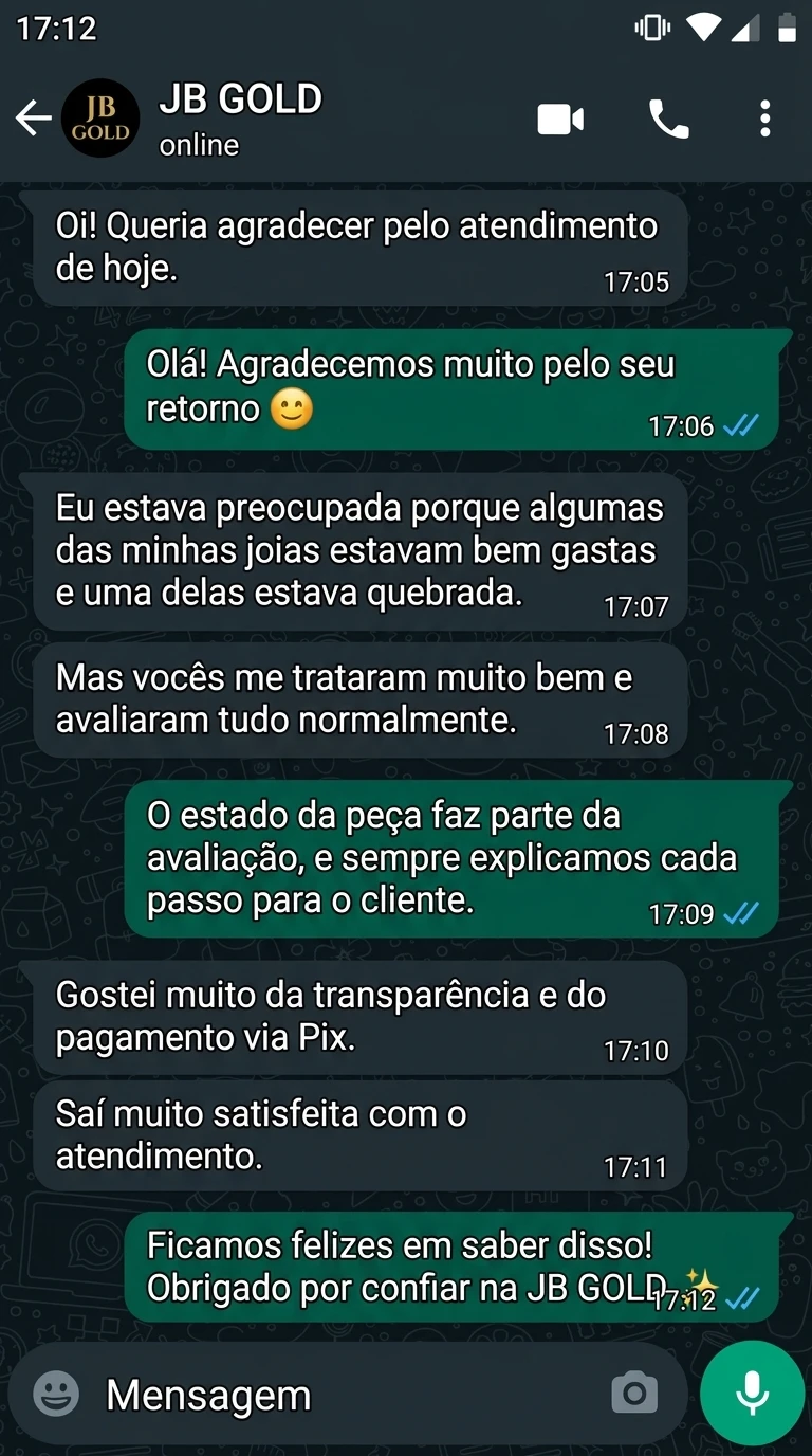 Simulação de conversa sobre joias gastas e uma peça quebrada. Exemplo fictício, não é depoimento de cliente real.
